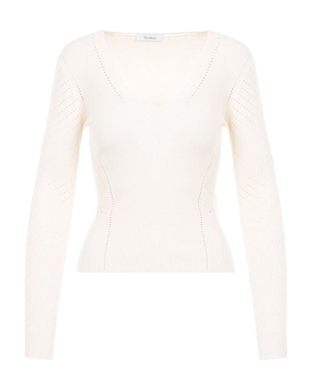 Max Mara White V-Neck Long-Sleeved Top