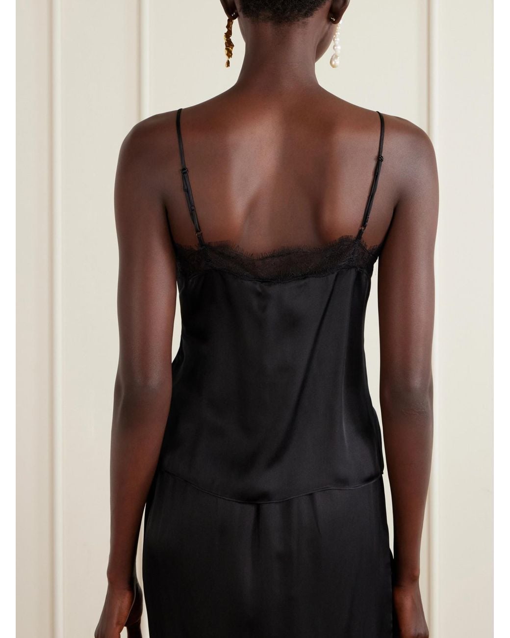 Anine Bing Black Lace-Trimmed Silk-Blend Satin Top
