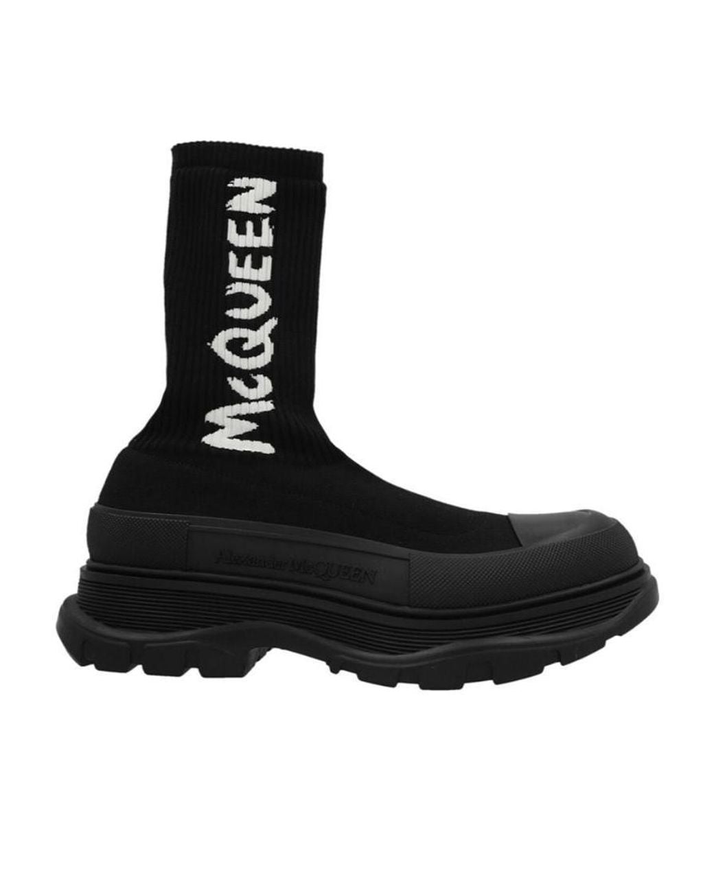 McQueen Black Tread Slick Logo Intarsia Boots for men