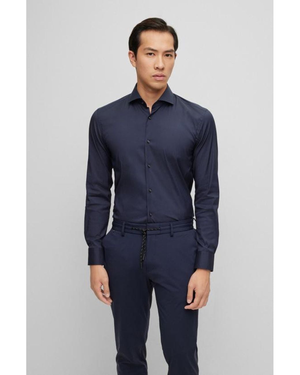 Boss Blue Spread-Collar Poplin Shirt for men