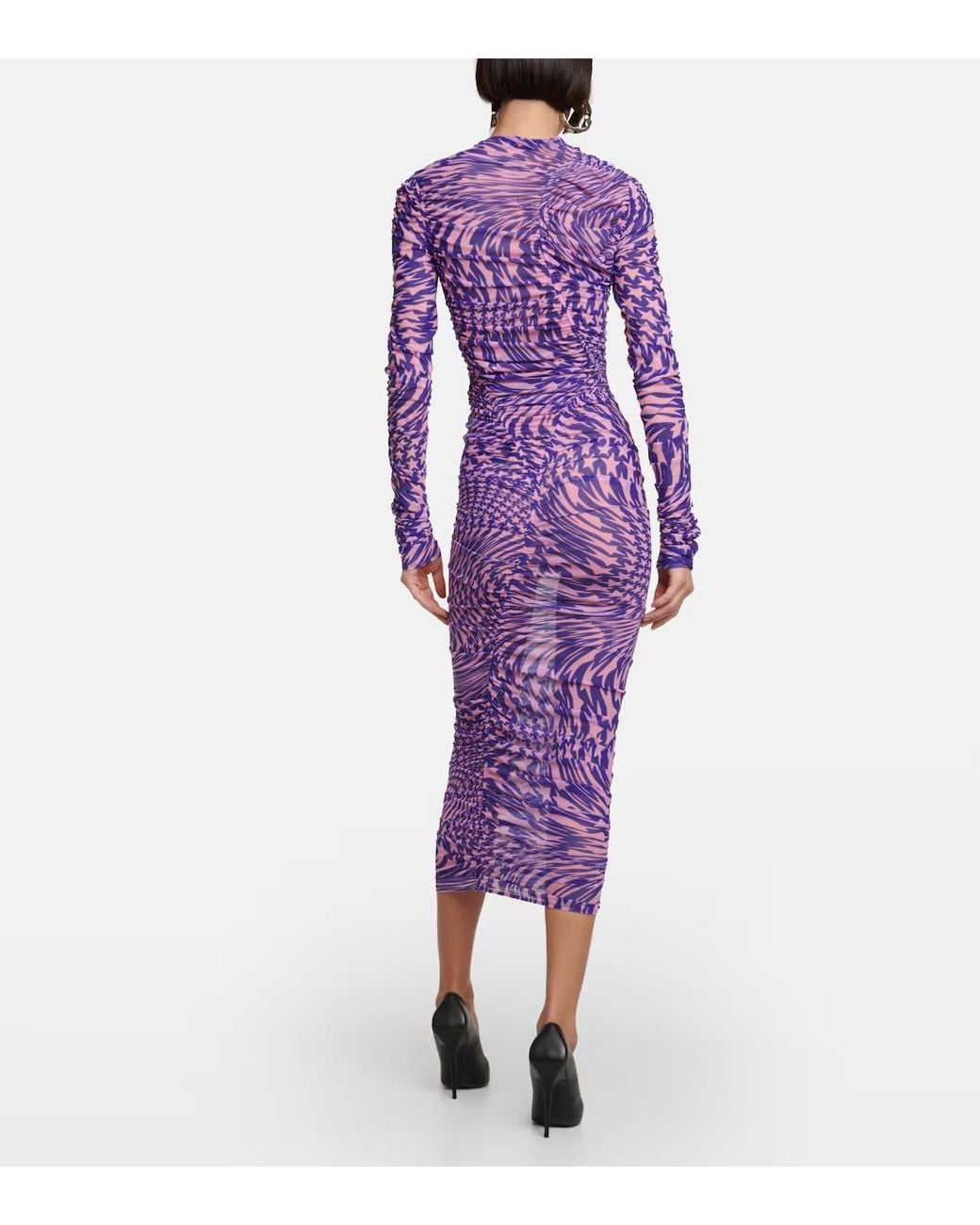 Mugler Purple Pleated Mesh Printed Dress