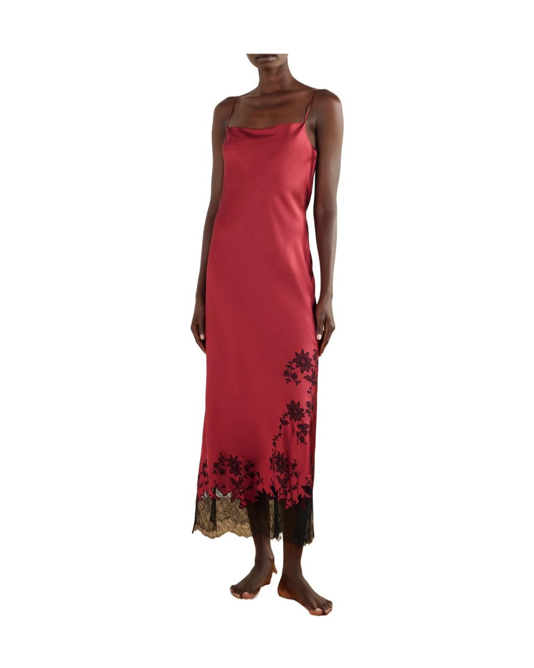 Carine Gilson Red Lace-Trimmed Silk-Satin Maxi Dress