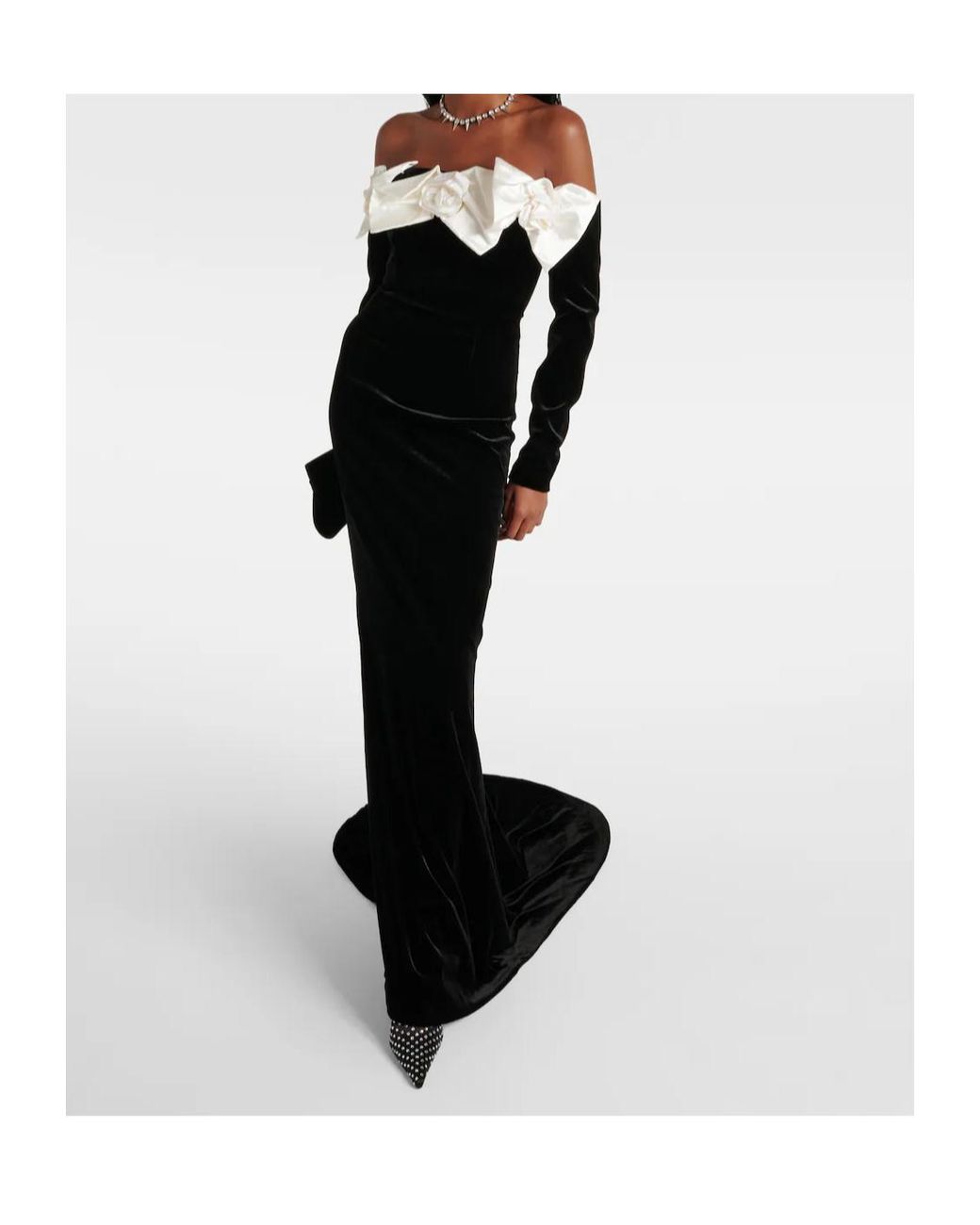 Alessandra Rich Black Bow-Decorated Off-The-Shoulder Velvet Dress