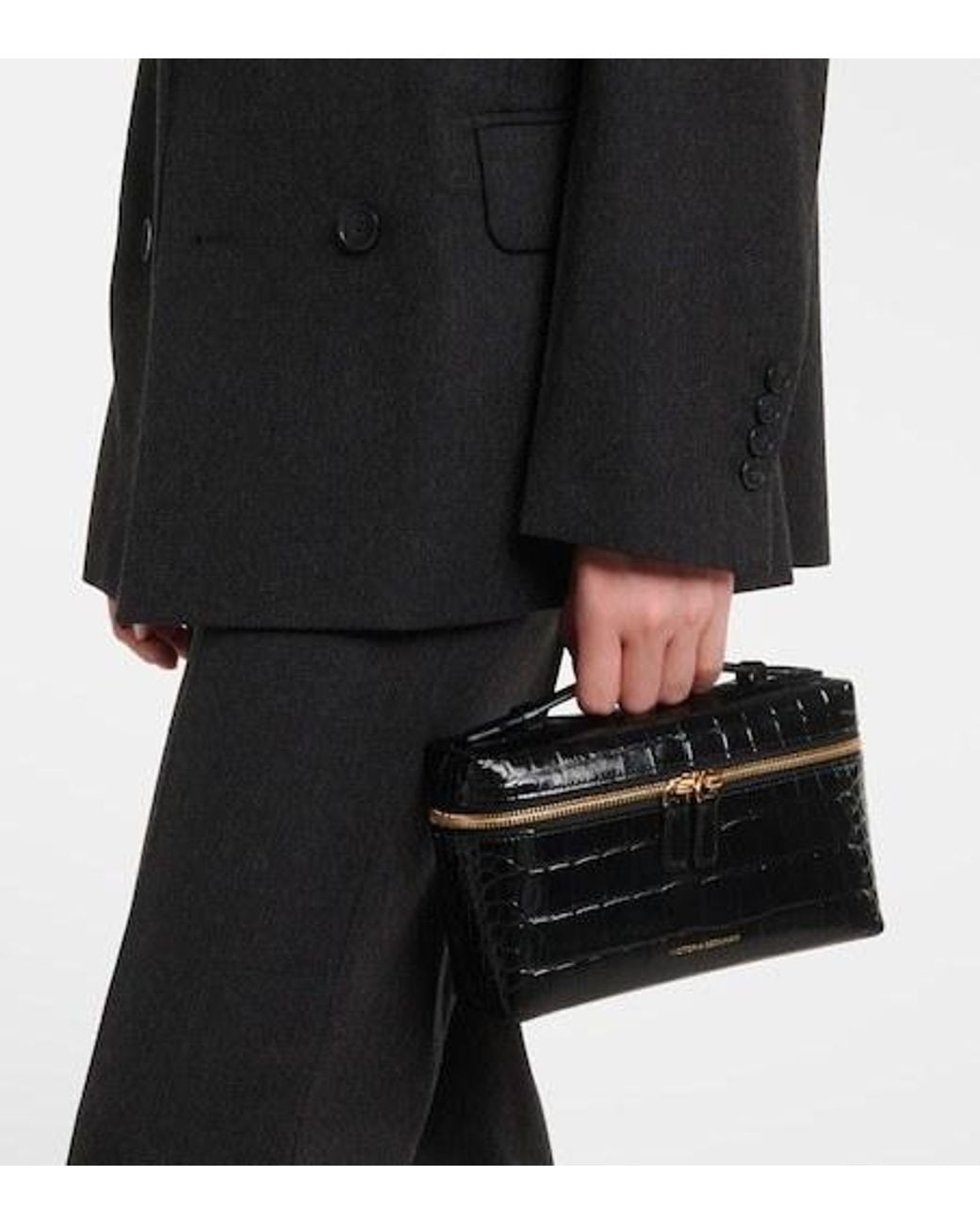 Victoria Beckham Black Crocodile-Embossed Leather Zip Shoulder Bag
