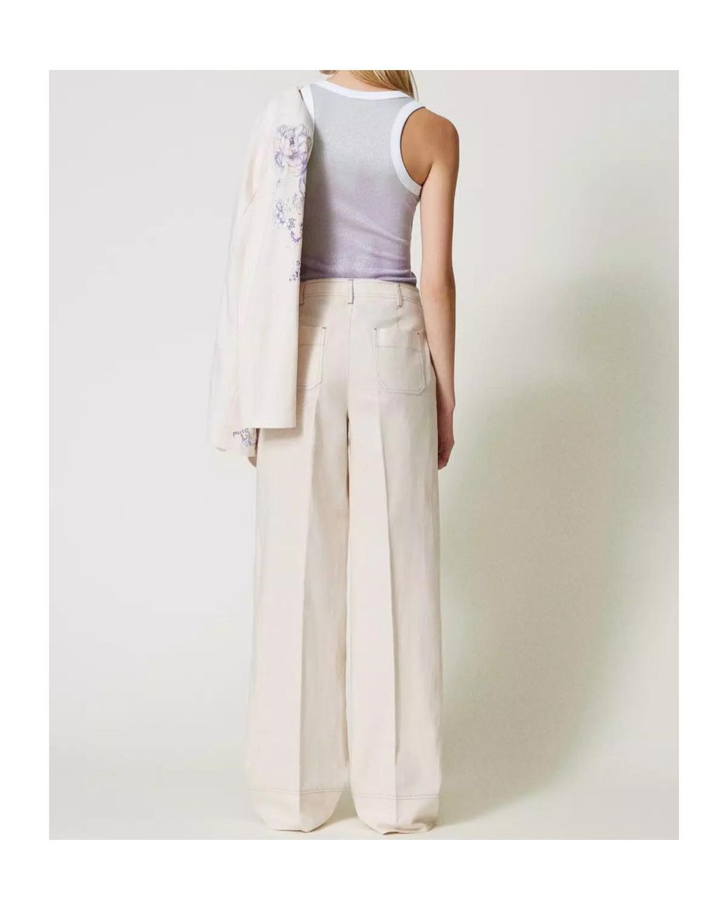 Twinset White Floral-Embroidered Palazzo Pants
