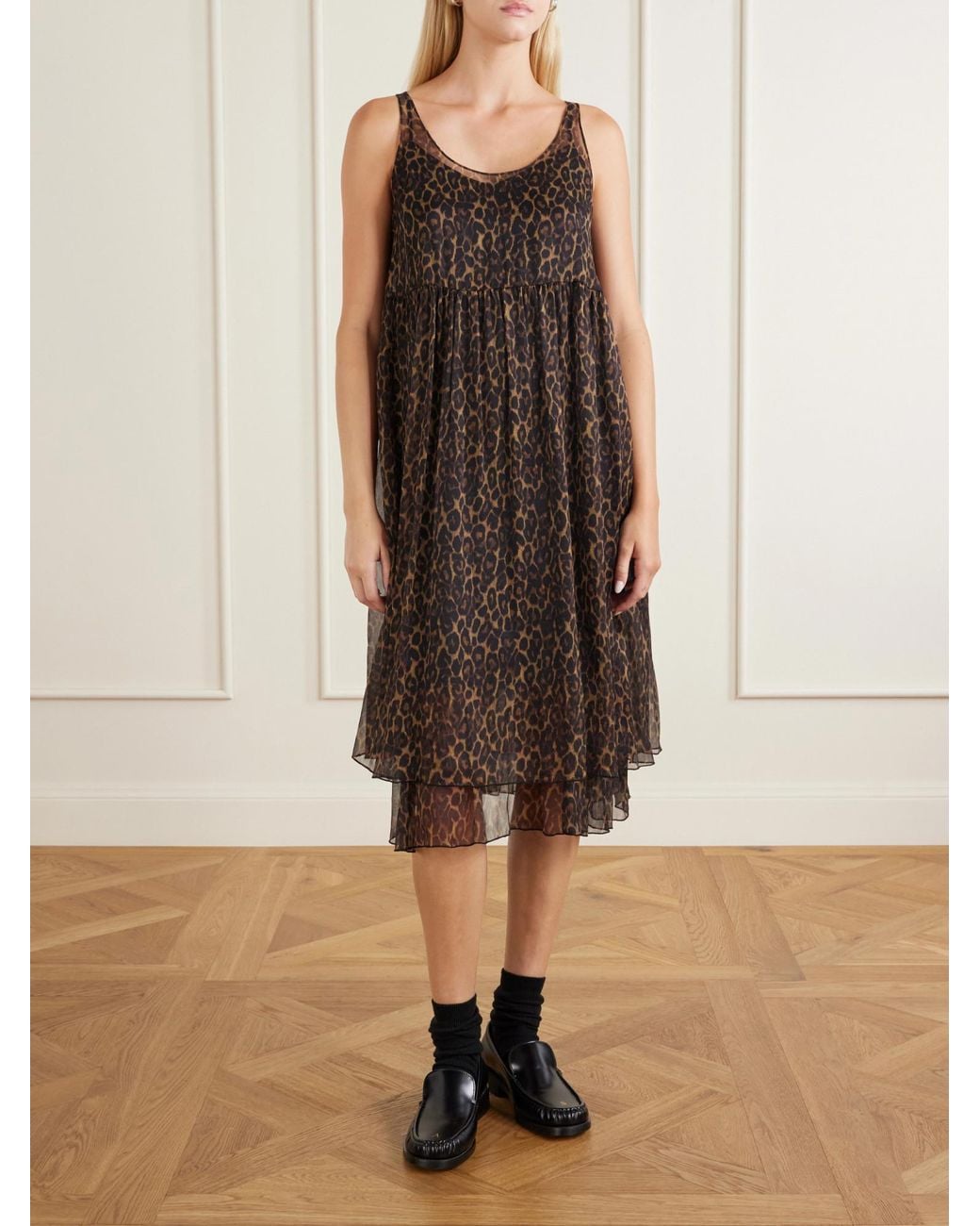 R13 Brown Gathered Tiered Animal-Print Silk-Chiffon Midi Dress