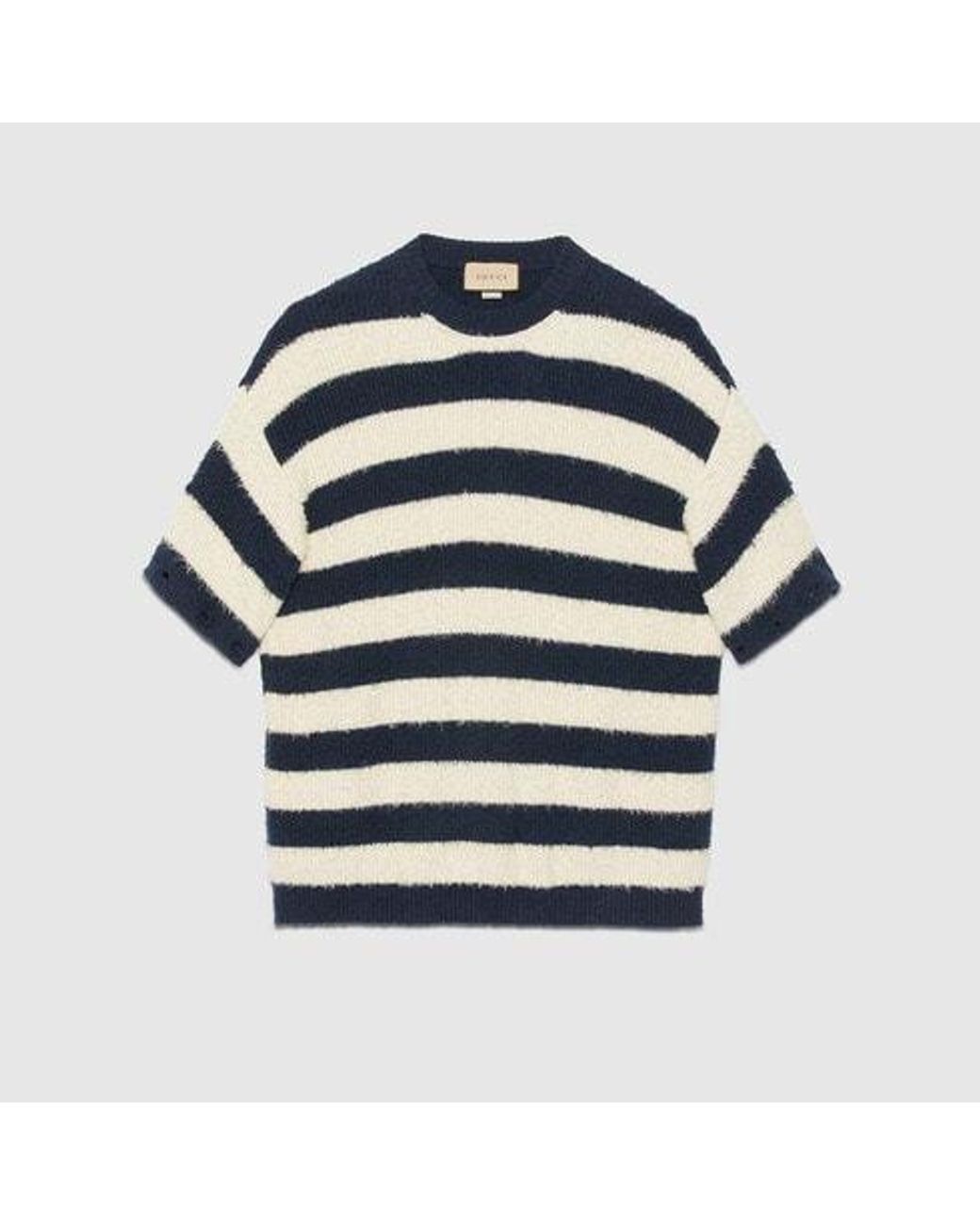 Gucci Blue Striped Crew-Neck Brushed Jumper for men
