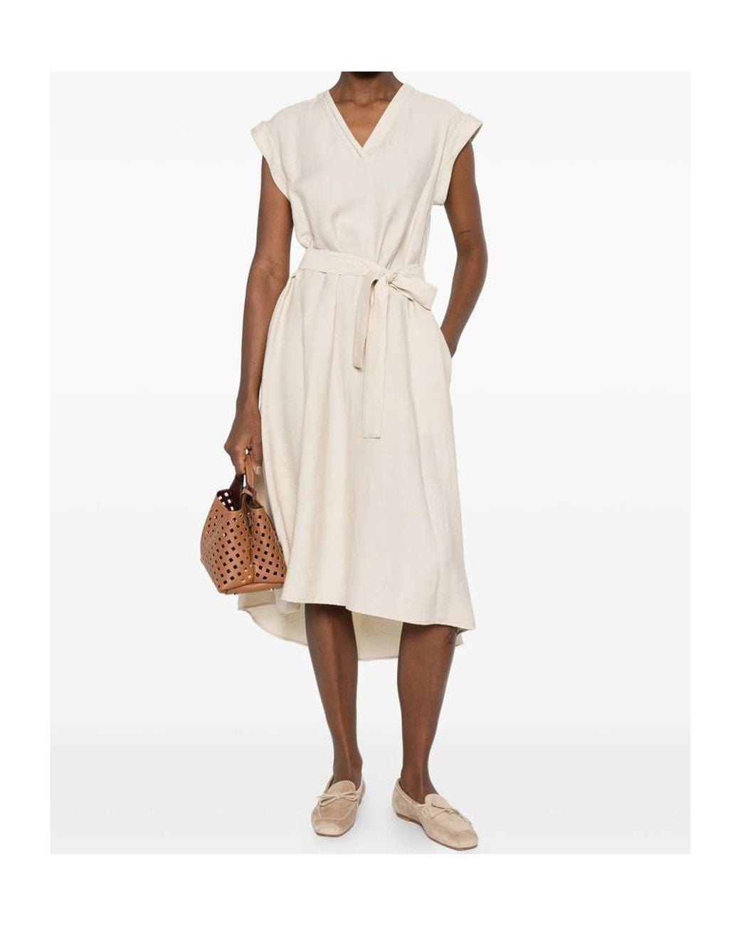 Peserico White V-Neck Belted-Waist Midi Dress