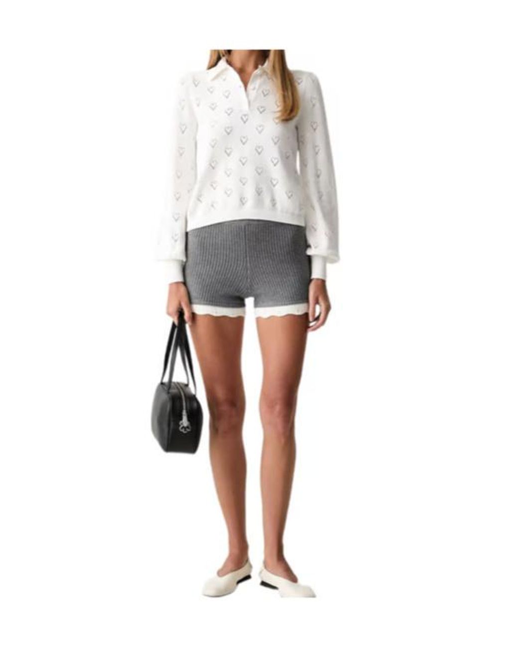 Twinset White Heart-Pointelle Puff-Sleeve Polo Top