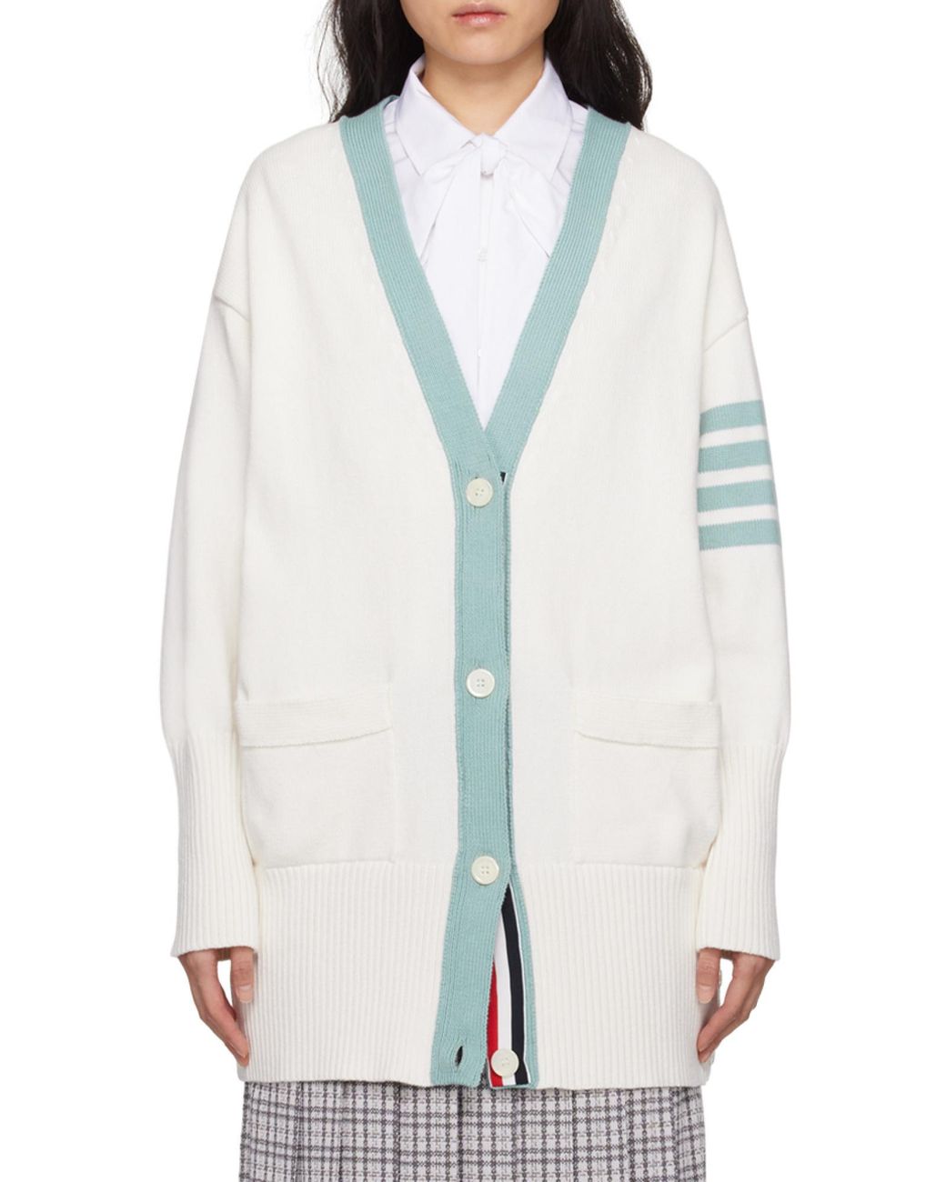 Thom Browne White 4-Bar Oversized V-Neck Cardigan