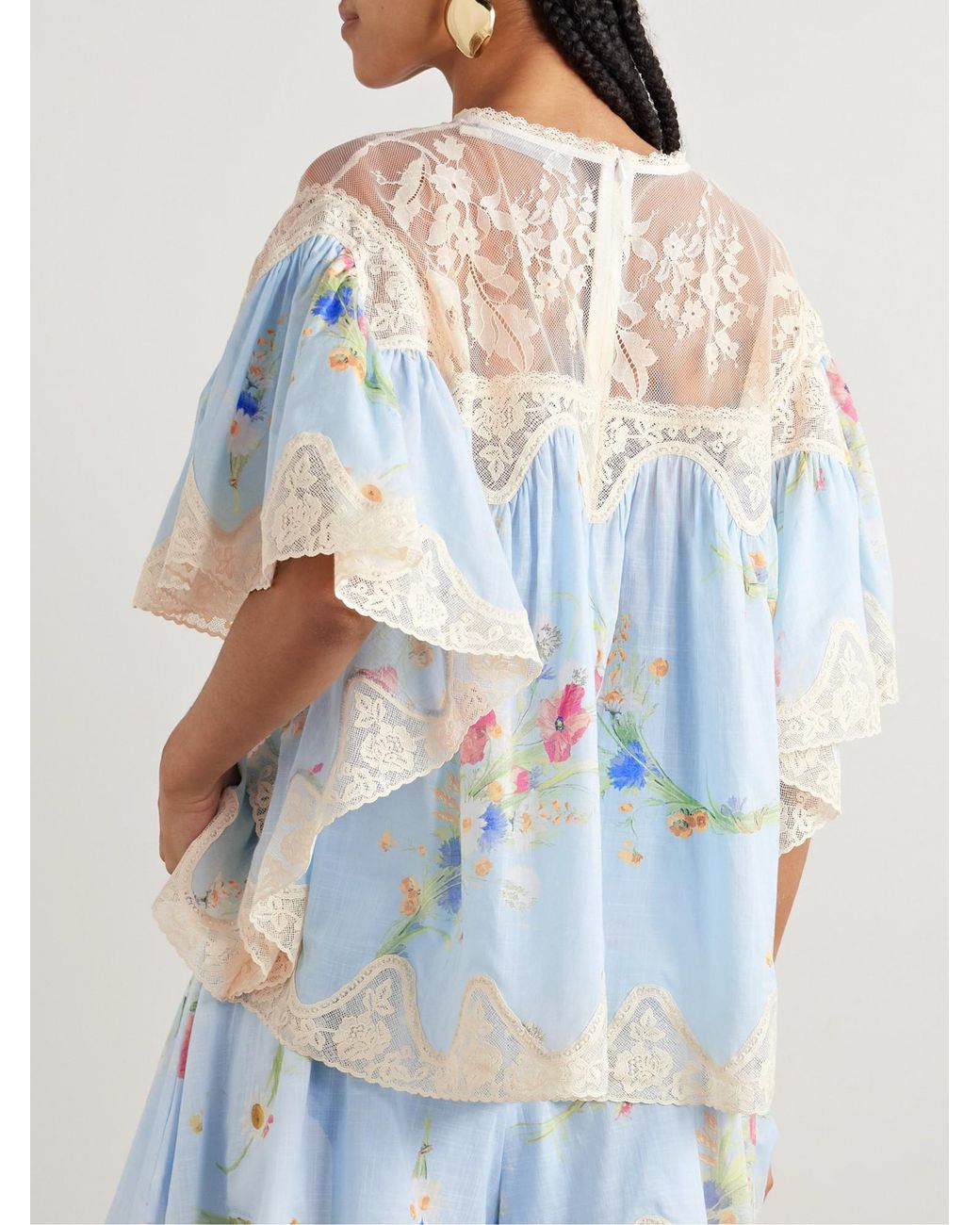 Zimmermann Blue Lace-Trimmed Floral-Print Cotton-Voile Blouse