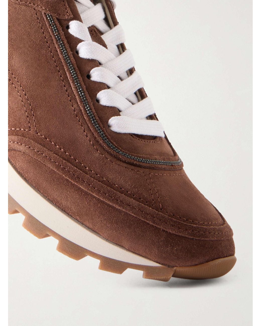 Brunello Cucinelli Brown Suede Bead-Embellished Sneakers