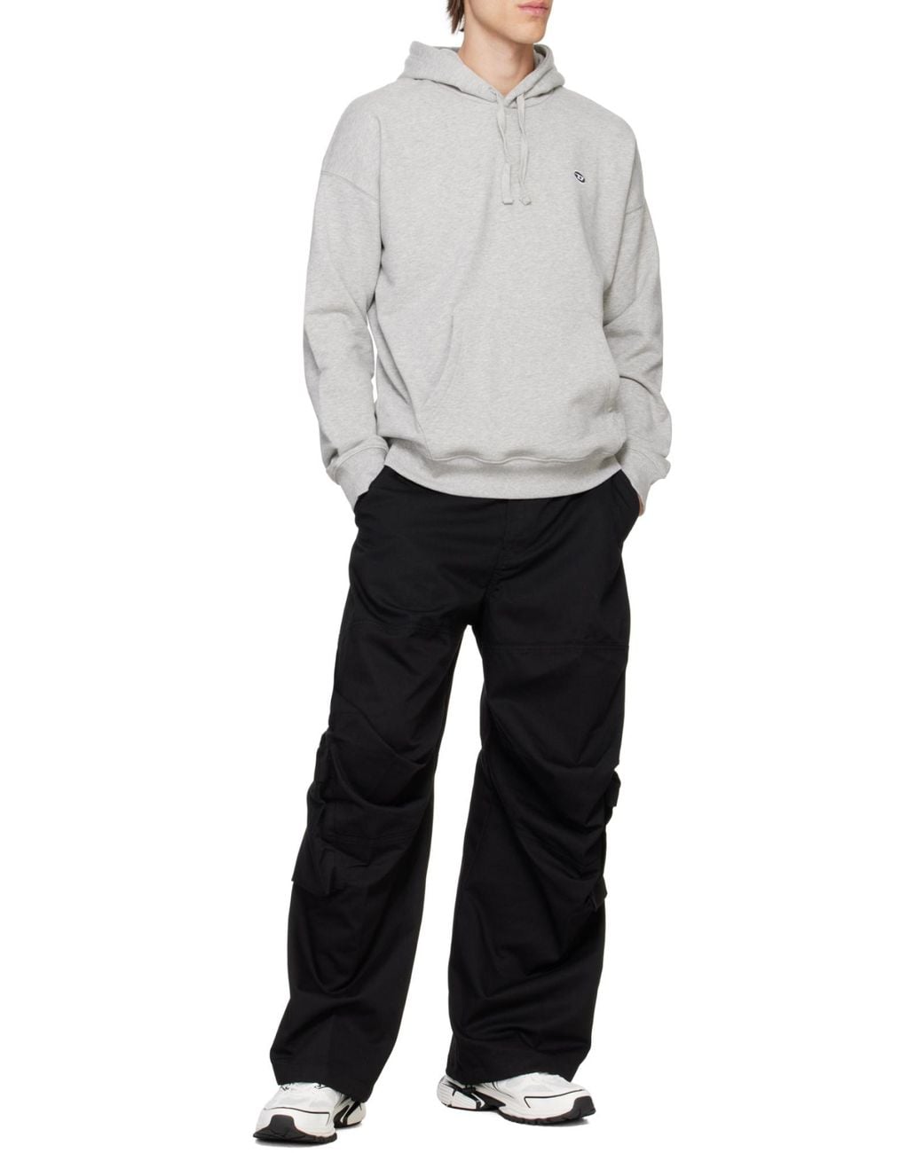 DIESEL Gray Logo Embroidered Drawstring Hoodie for men