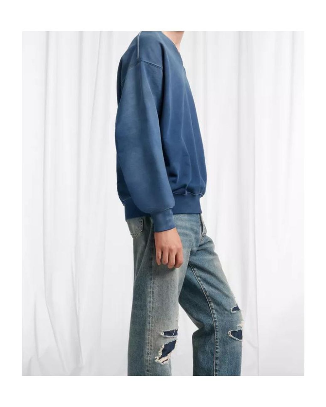 Maison Margiela Blue Washed V-Neck Cotton Sweatshirt for men