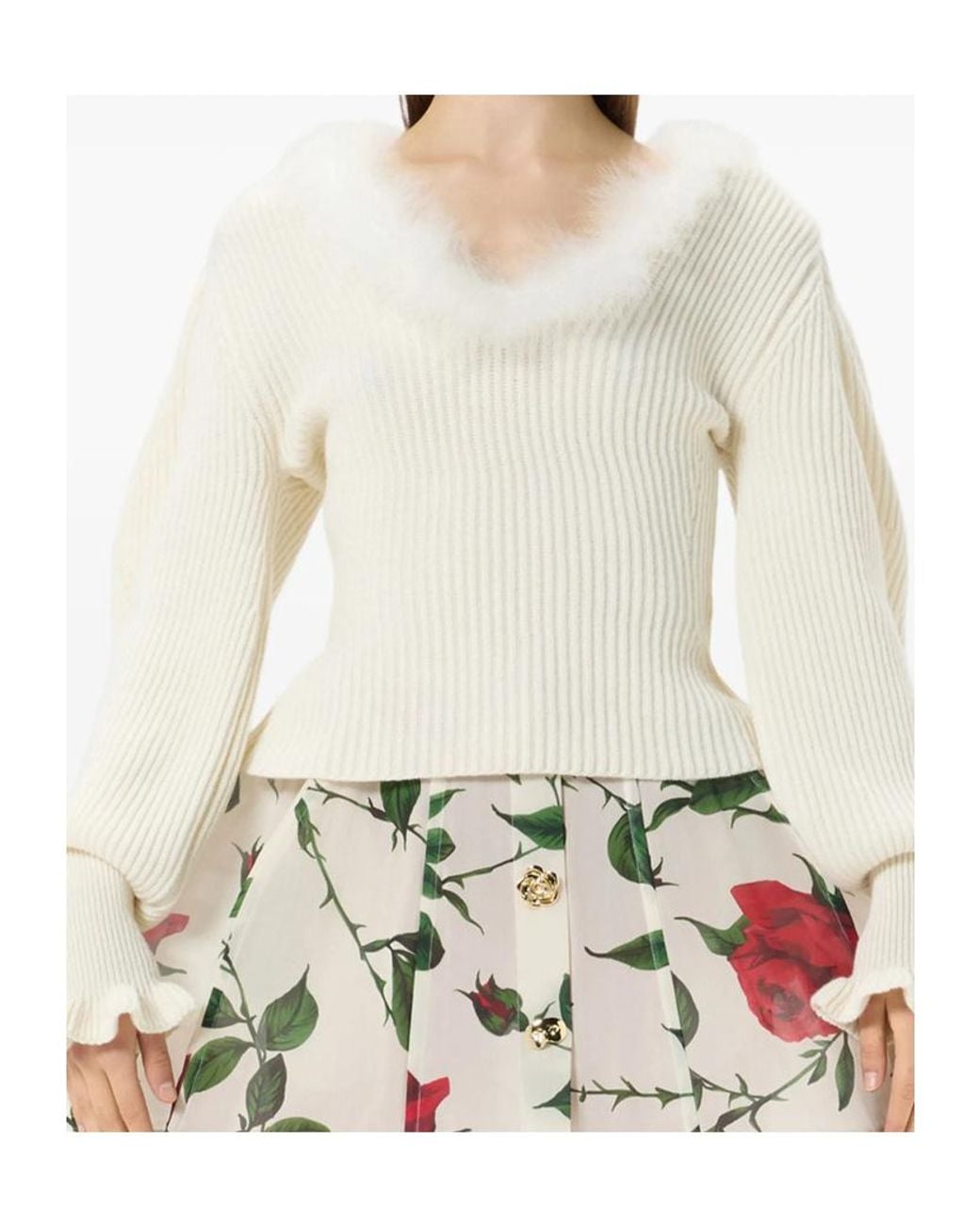 Blumarine White Ribbed Knit Sweater