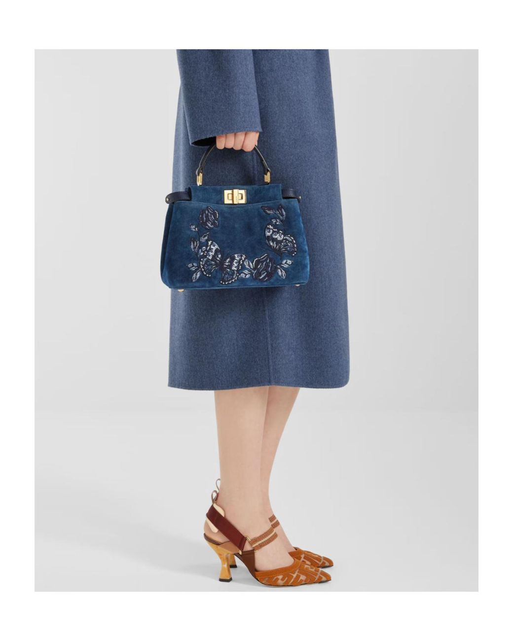 Fendi Blue Mini Peekaboo Floral-Embroidered Denim Tote Bag