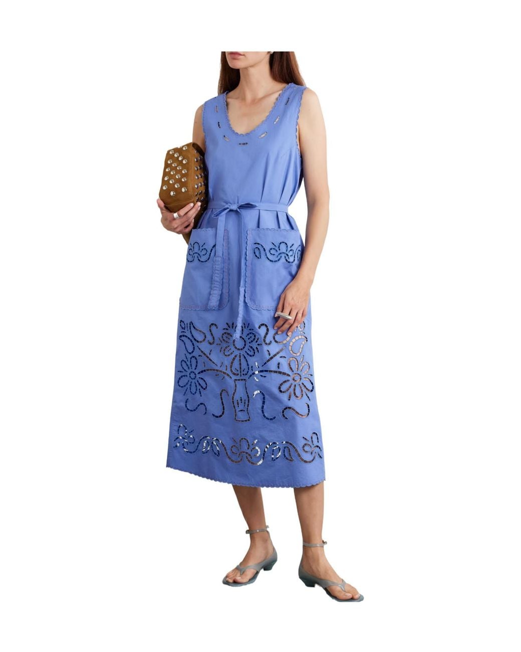 Vita Kin Blue Katya Belted Scalloped Broderie Anglaise Cotton Midi Dress