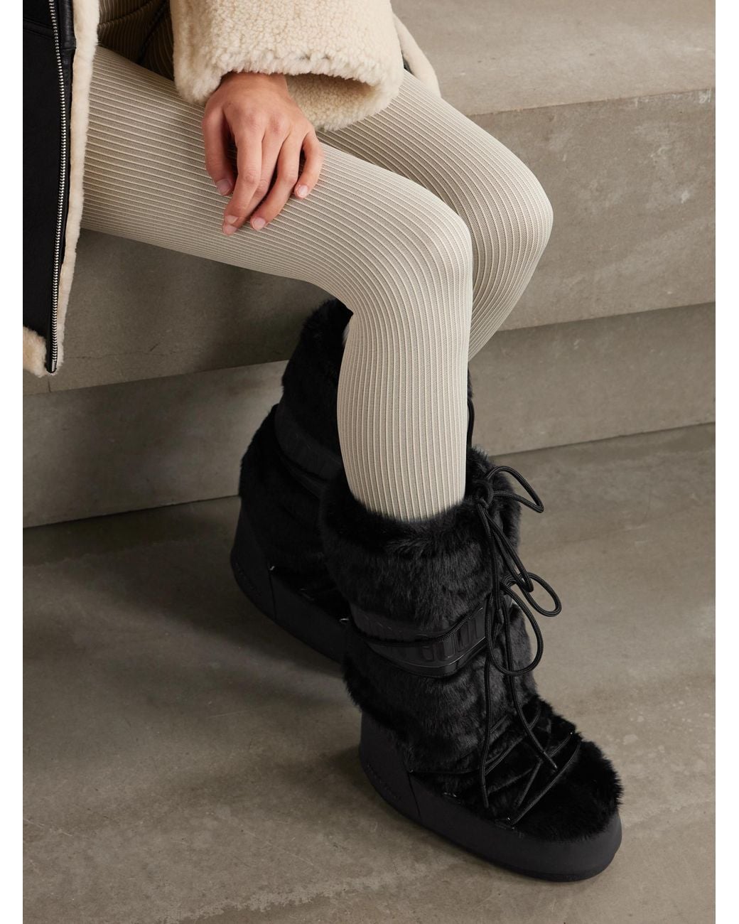 Moon Boot Black Plush And Leather-Like Snow Boots for men