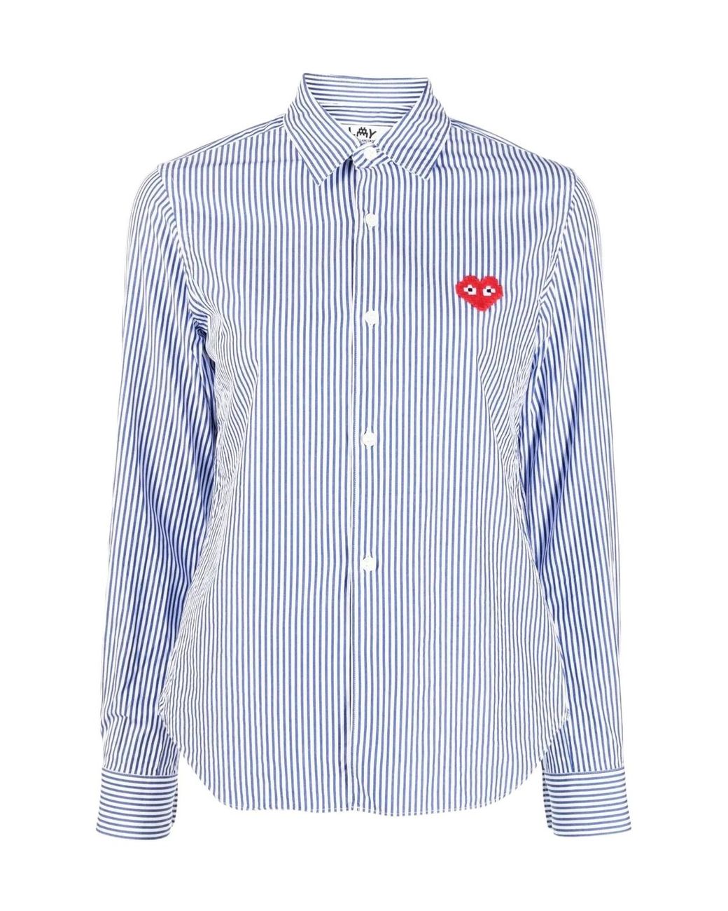 Comme des Garçons Blue Logo-Patch Striped Shirt