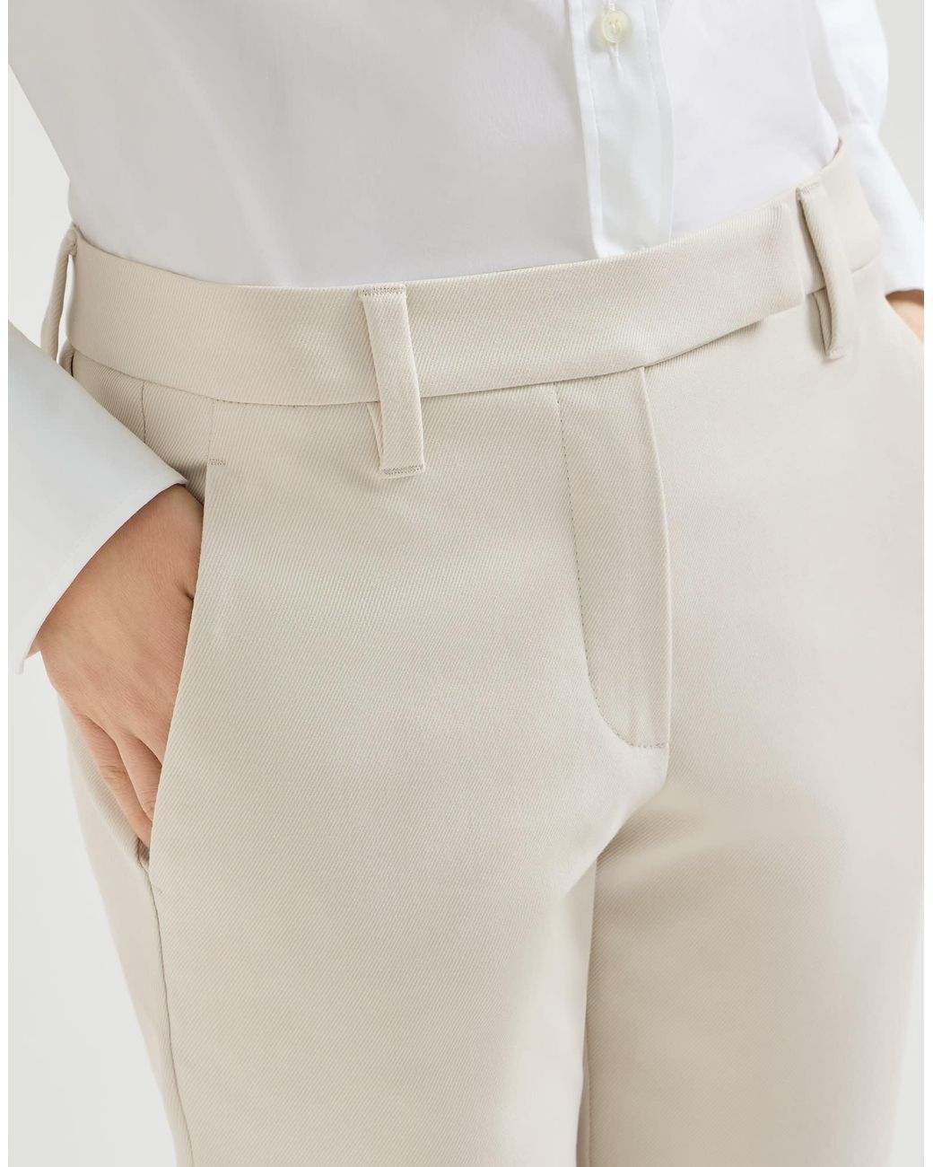 Brunello Cucinelli White Stretch Cotton Cover Slim Fit Trousers