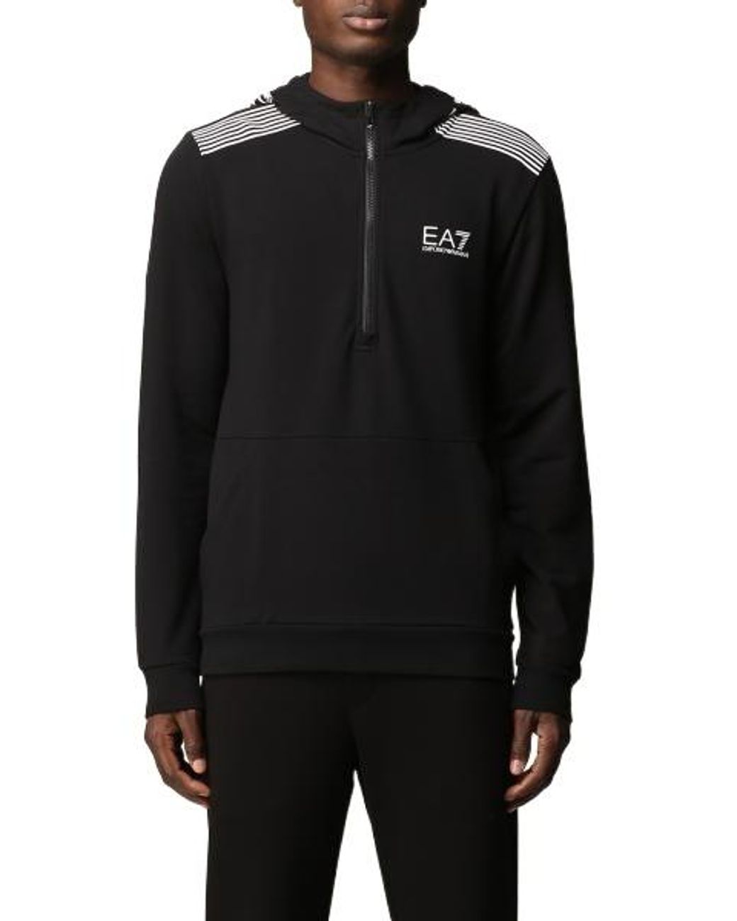 EA7 Black Logo Print Long-Sleeve Hooded Sweatshirt for men