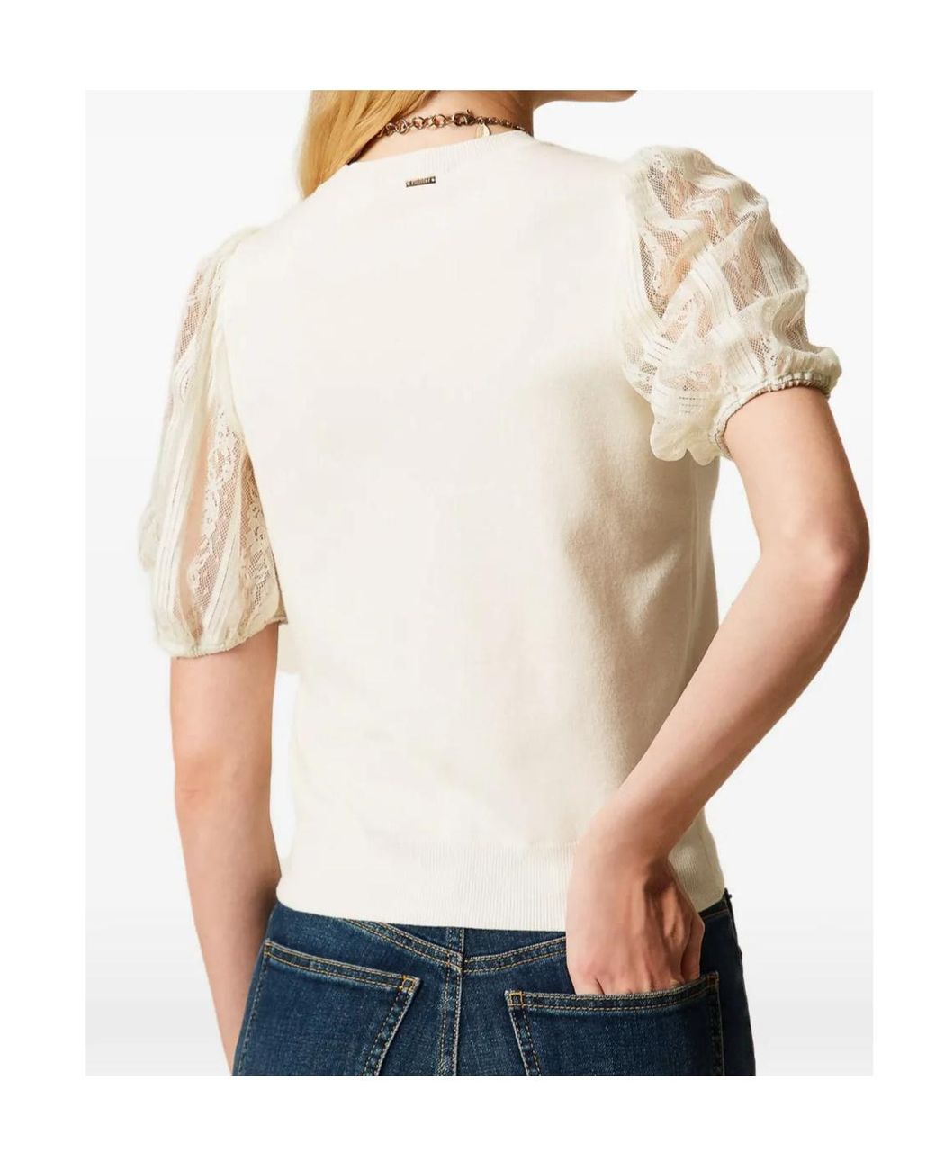 Twinset White Lace-Sleeve Top