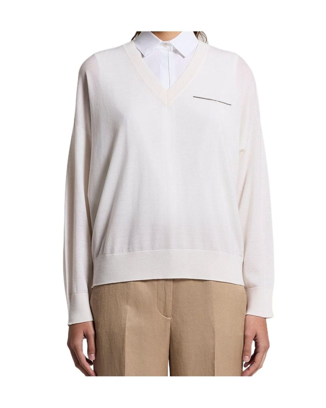Peserico White V-Neck Pocket Sweater