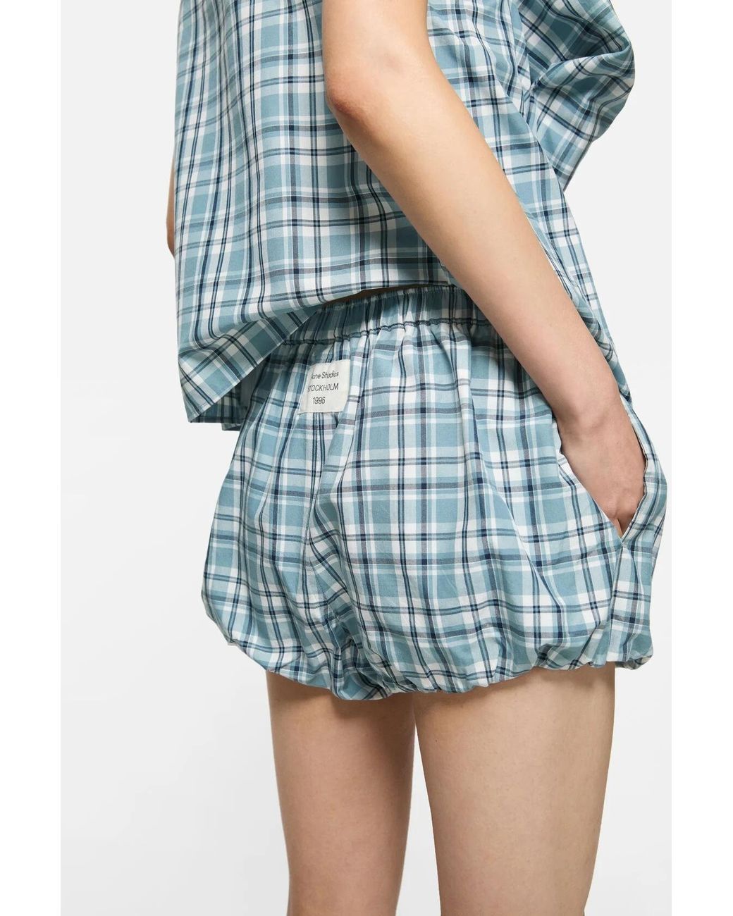 Acne Blue Check-Pattern Bubble Shorts
