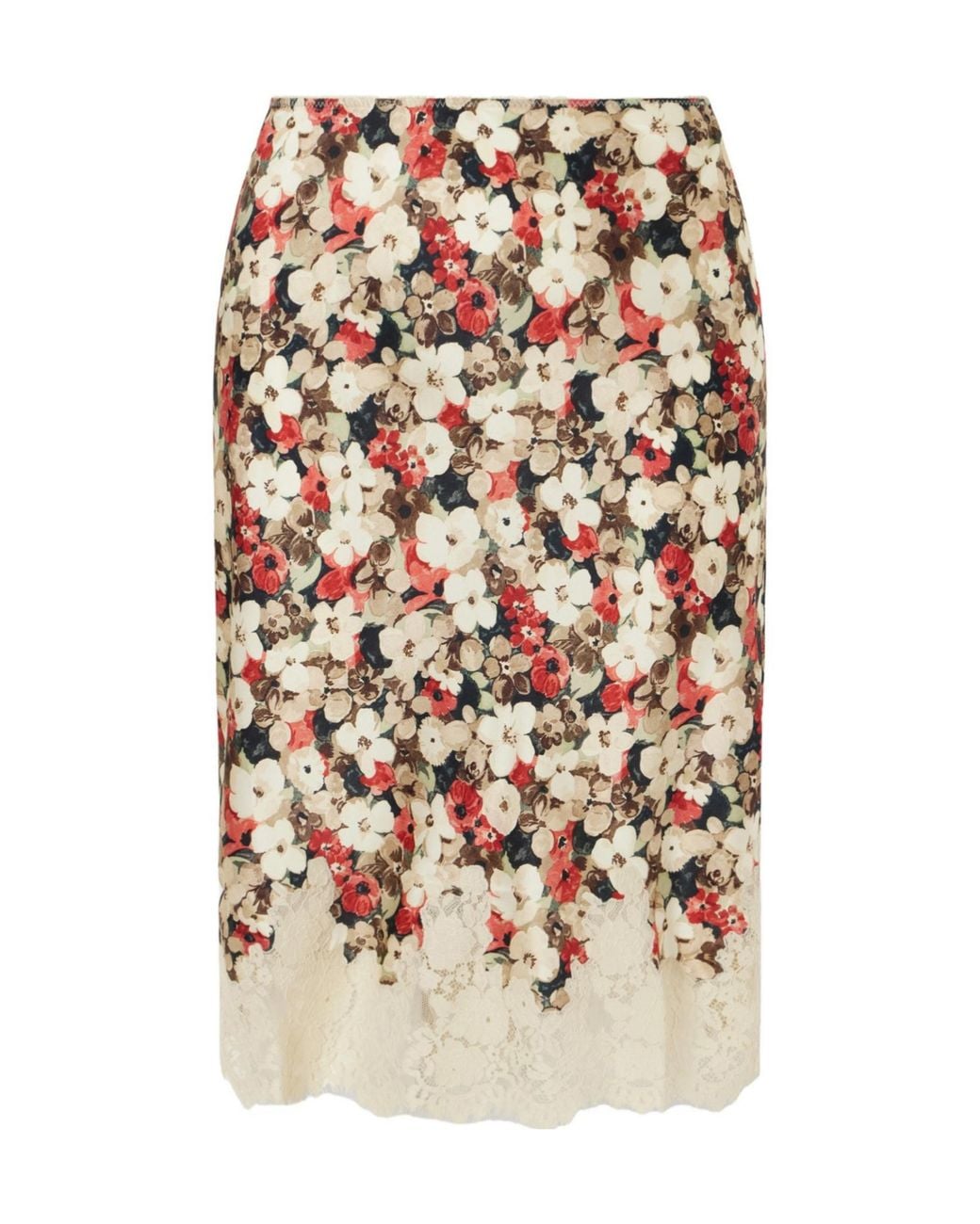 Doen White Floral-Print Lace-Trimmed Silk-Satin Midi Skirt