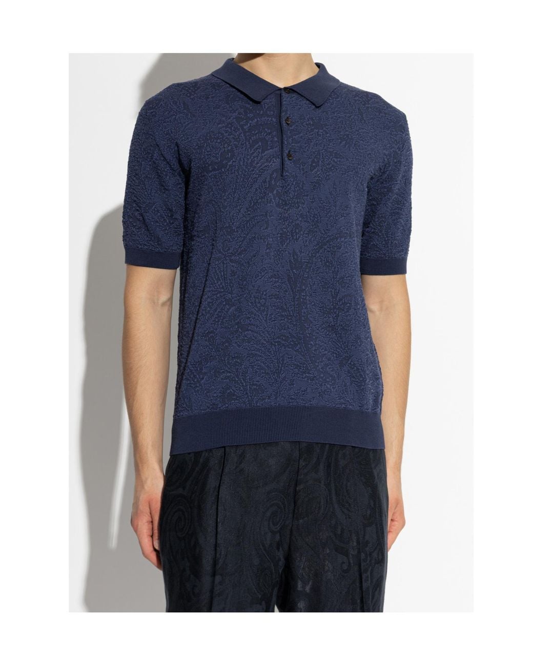 Etro Blue Textured Knit Polo Shirt for men