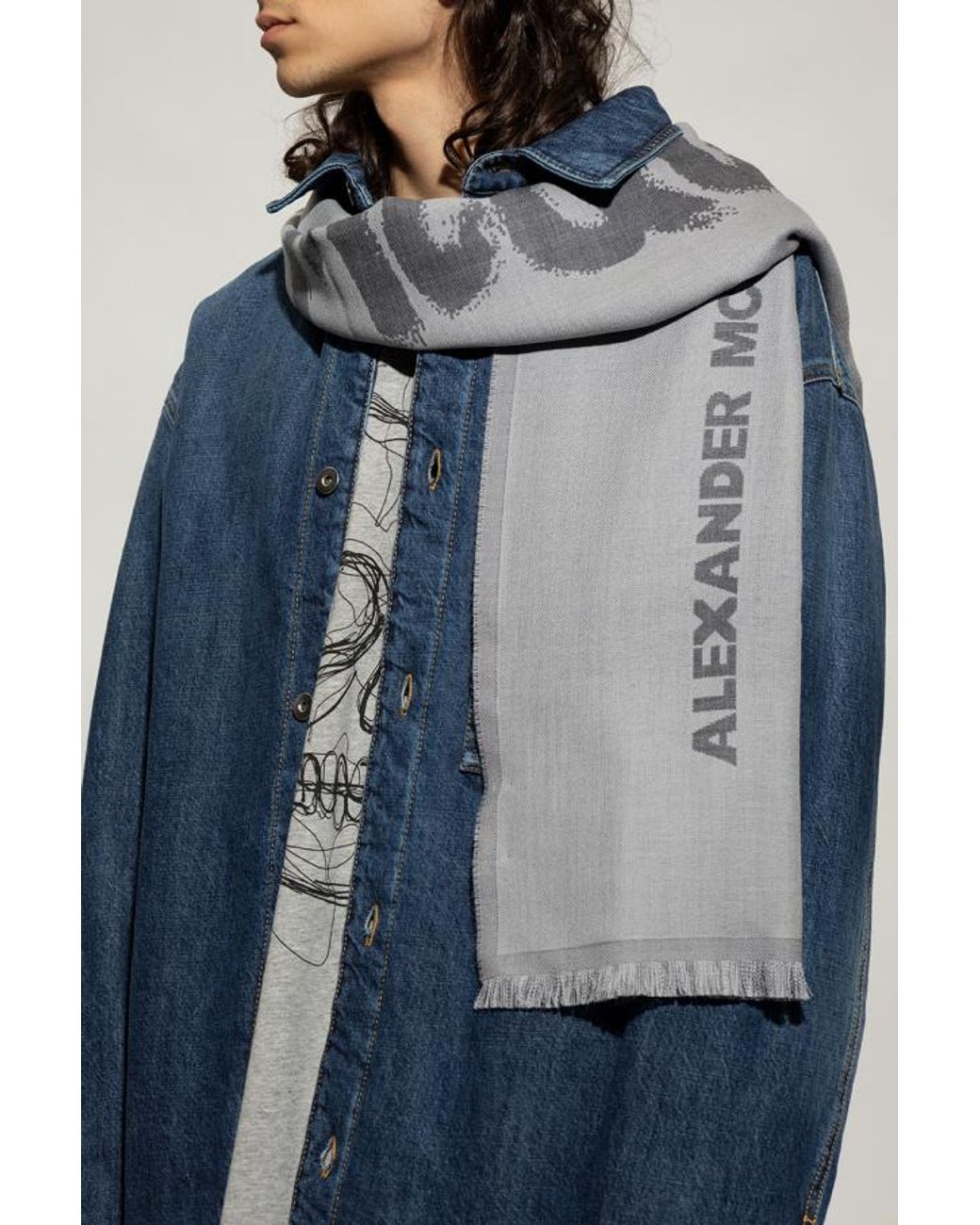 McQueen Gray Wool Logo Print Scarf for men