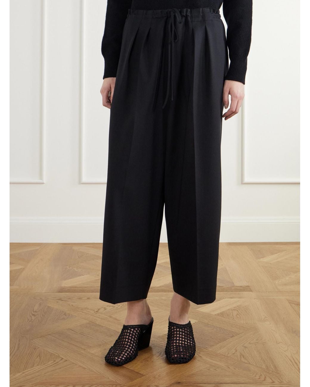 Maria McManus Black Cropped Drawstring Wool Wide-Leg Pants