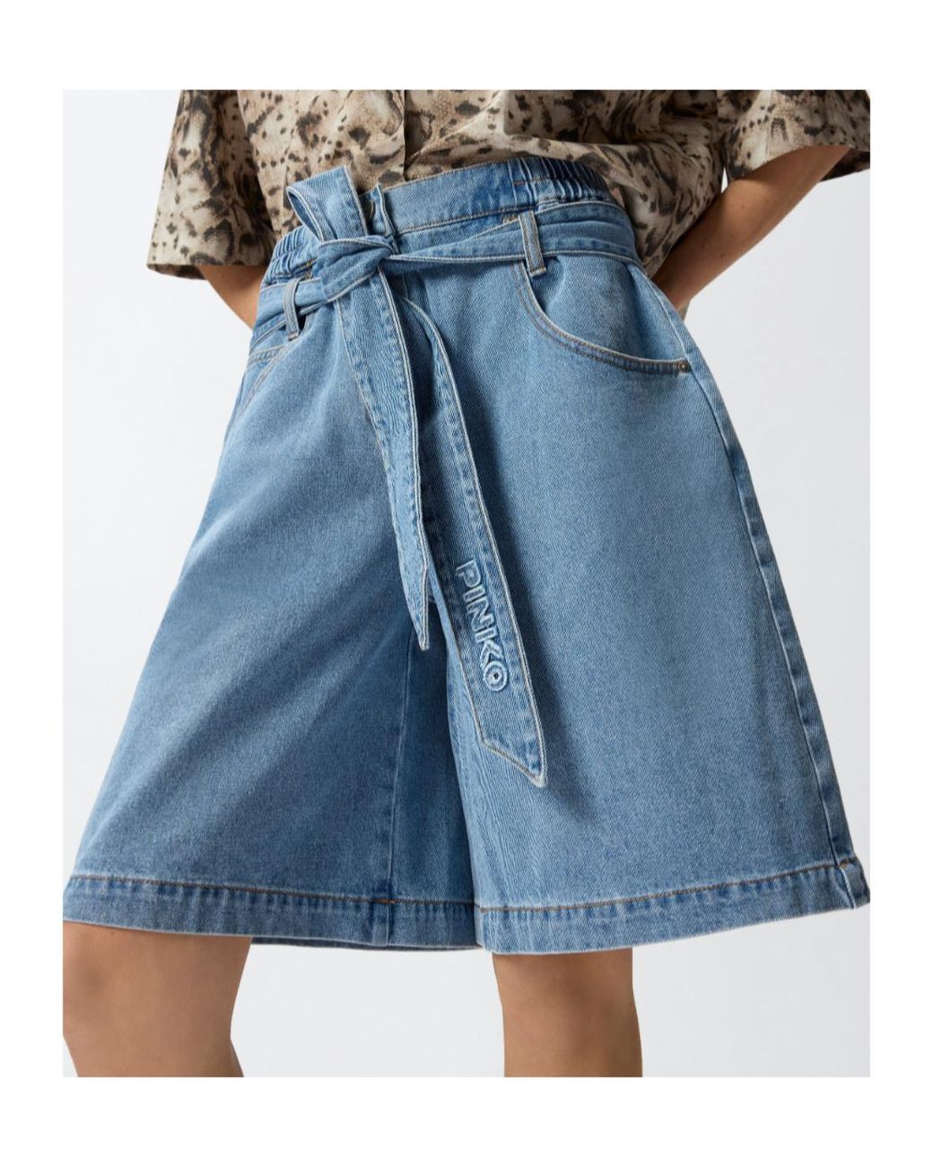 Pinko Blue Wide-Leg Denim Bermuda Shorts With Belt