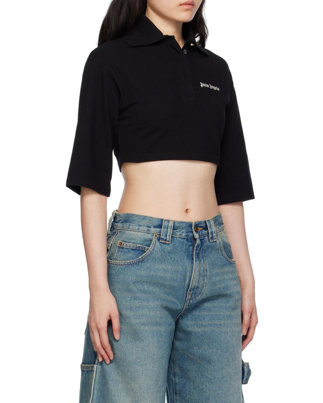 Palm Angels Black Logo Embroidered Cropped Polo Shirt
