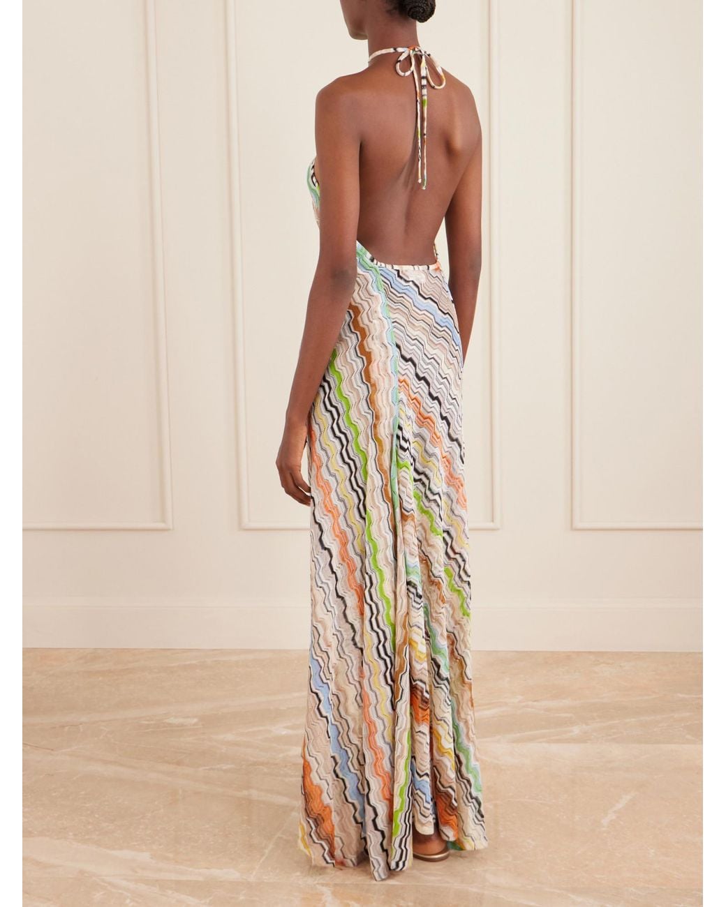 Missoni White Striped Crochet-Knit Halterneck Maxi Dress