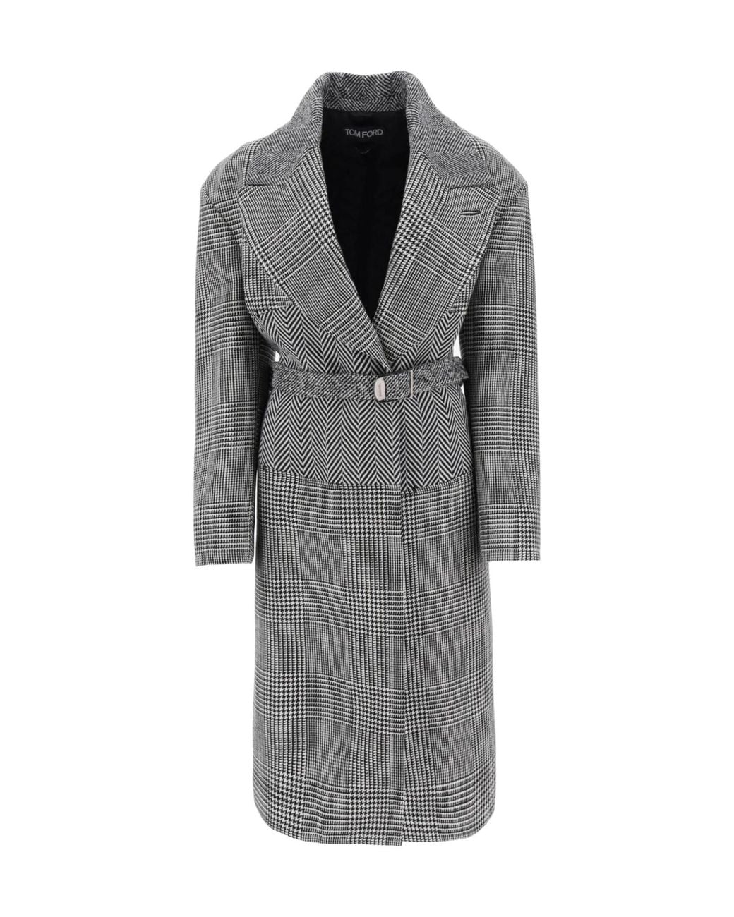 Tom Ford Gray Houndstooth-Pattern Straight Hem Belted Coat