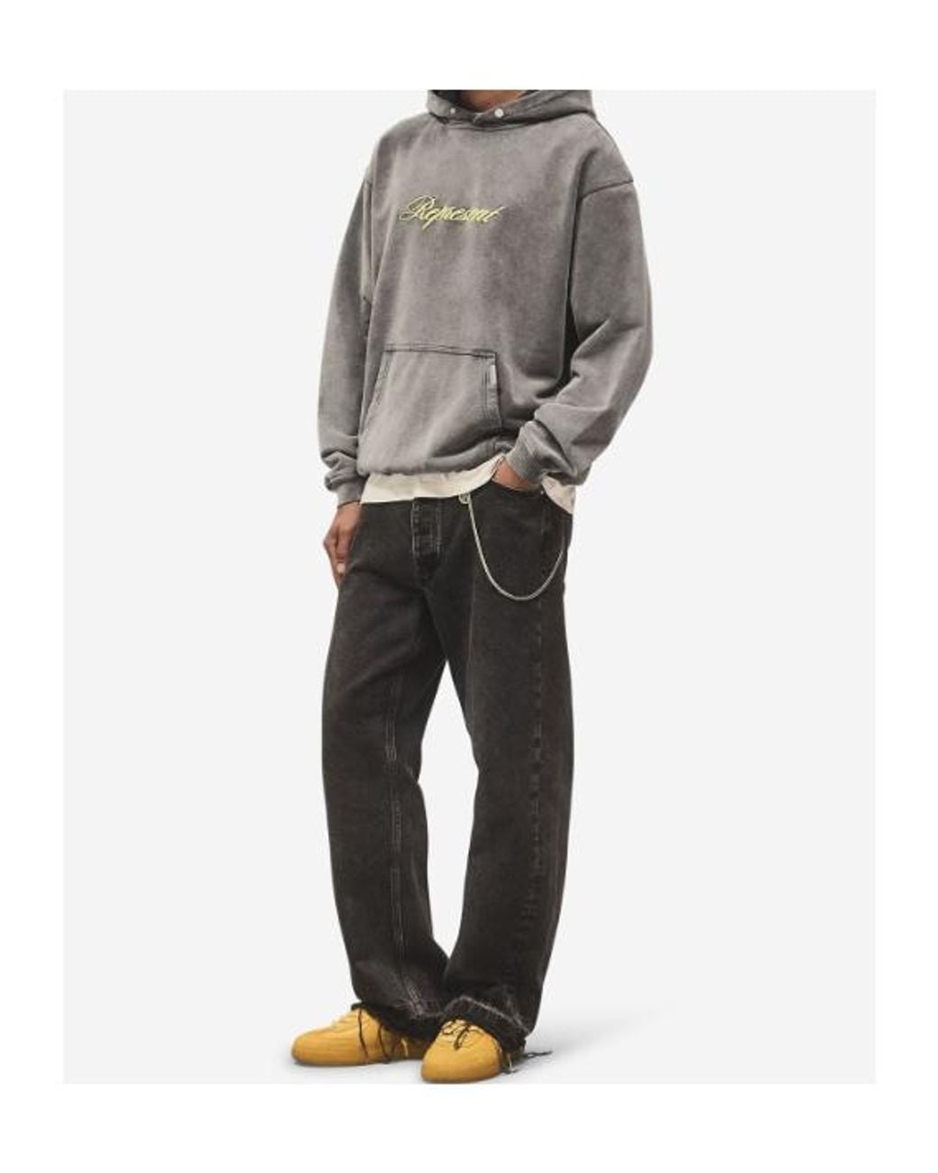 Represent Gray Script Logo Embroidered Hoodie for men
