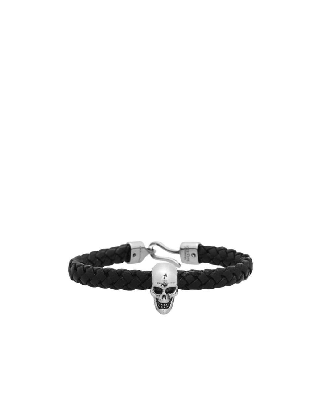 McQueen White Woven Leather Skull Bracelet for men