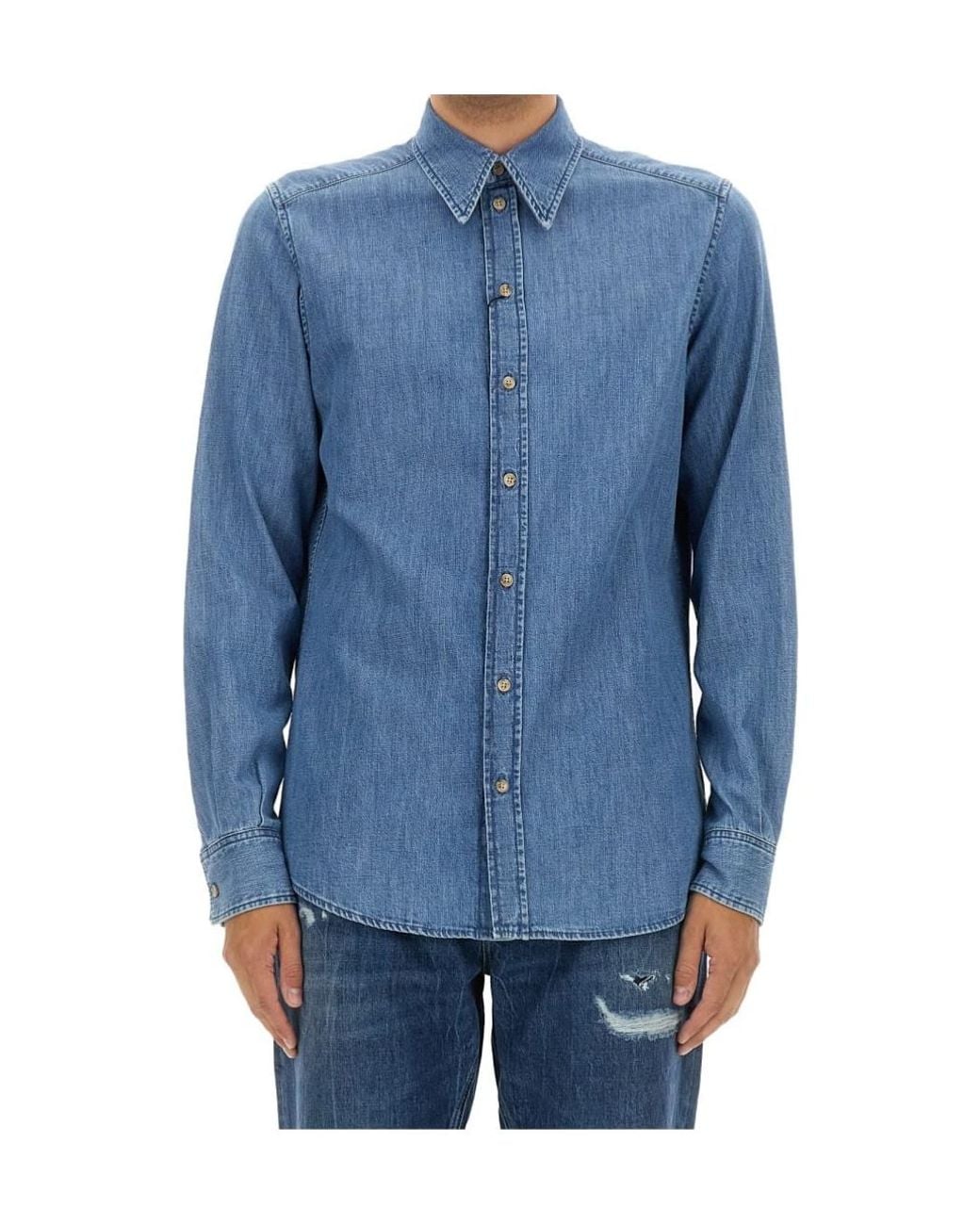 Dolce & Gabbana Blue Curved Hem Denim Shirt for men