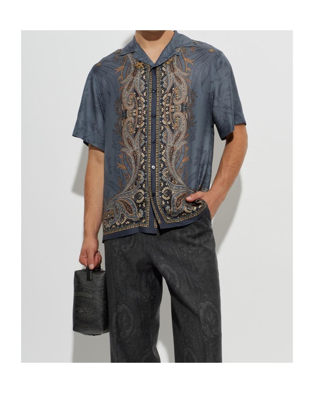 Etro Blue Pegasus Paisley Short Sleeve Shirt for men