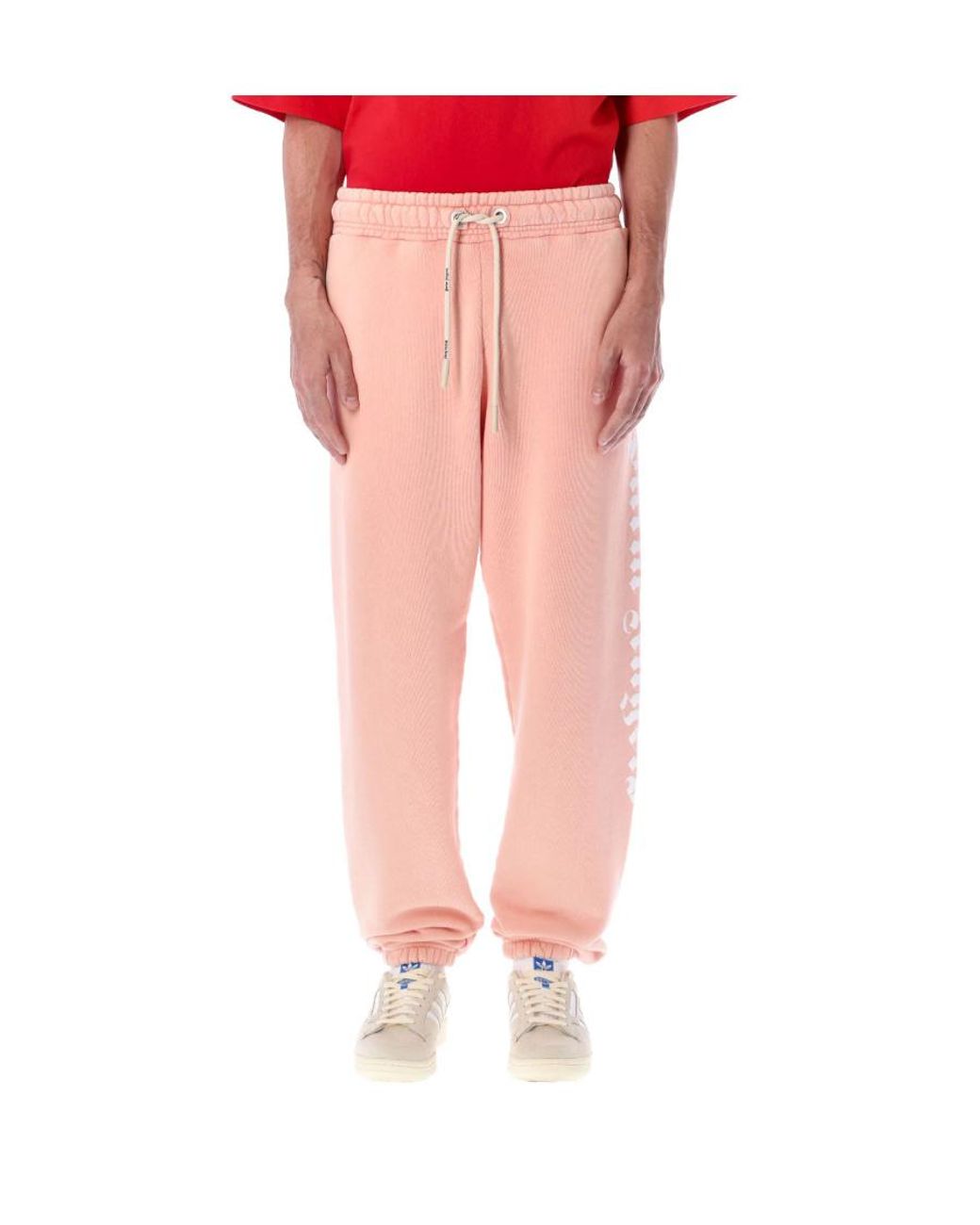 Palm Angels Pink Logo Printed Drawstring Track Pants for men