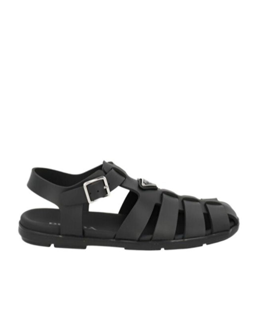Prada Black Logo Plaque Round-Toe Sandals for men