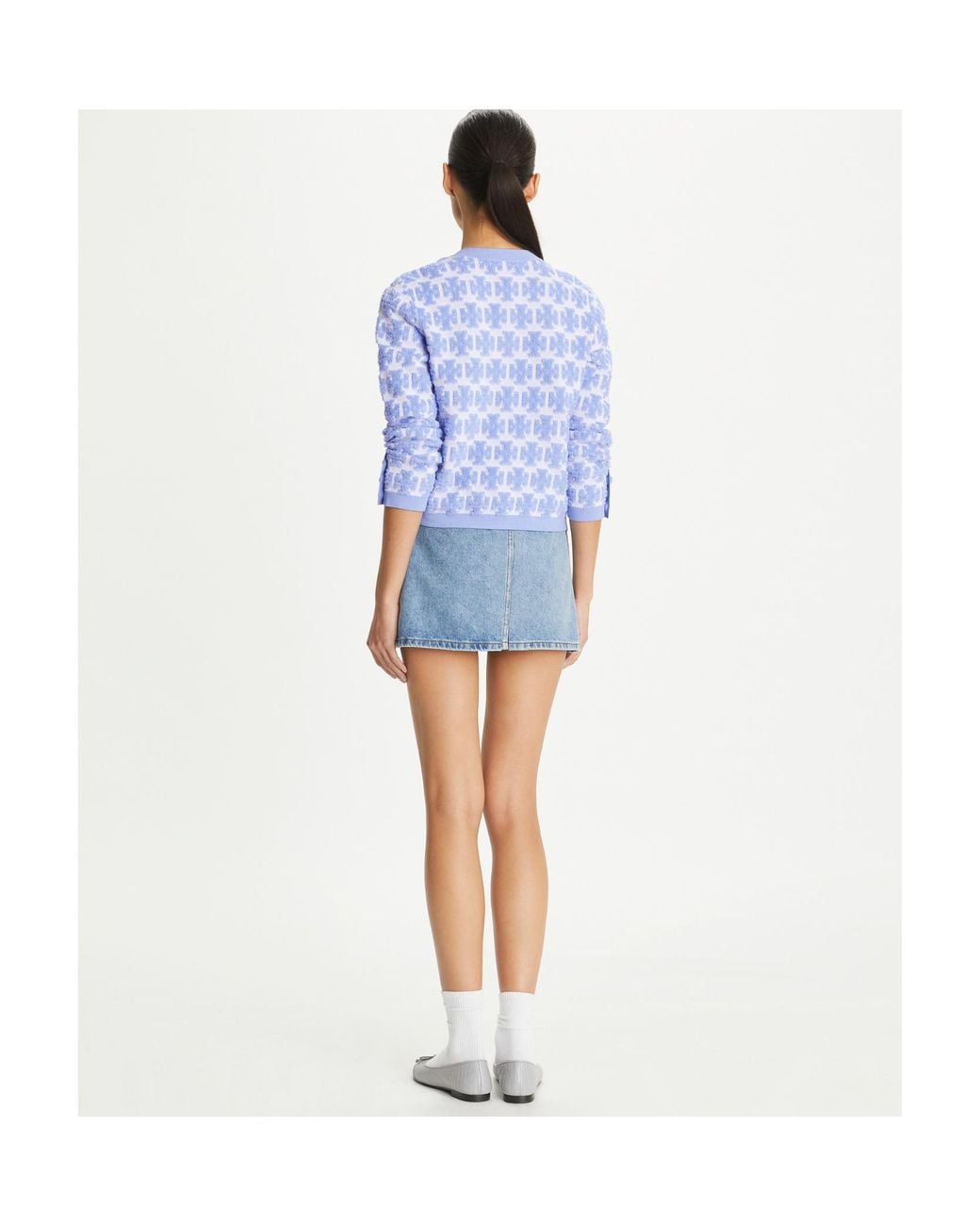 Tory Burch Blue Double T-Monogram Bouclé Cardigan