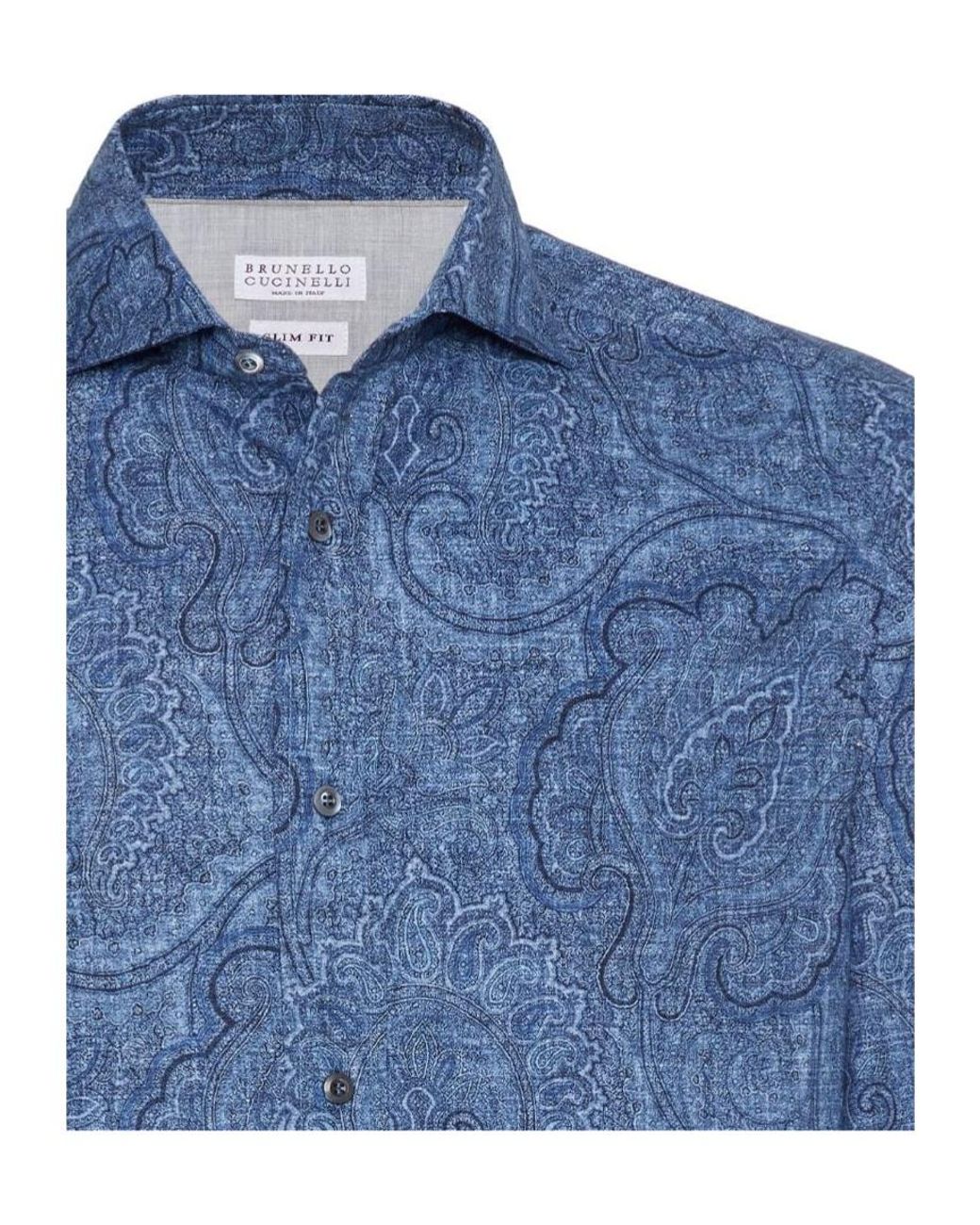 Brunello Cucinelli Blue Patterned Jacquard Buttoned Shirt for men