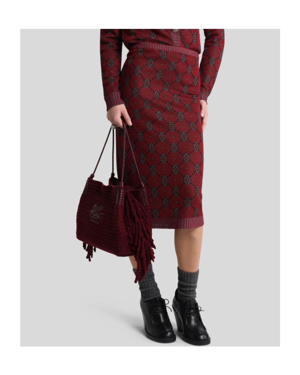 Etro Red Patterned Knit Midi Skirt