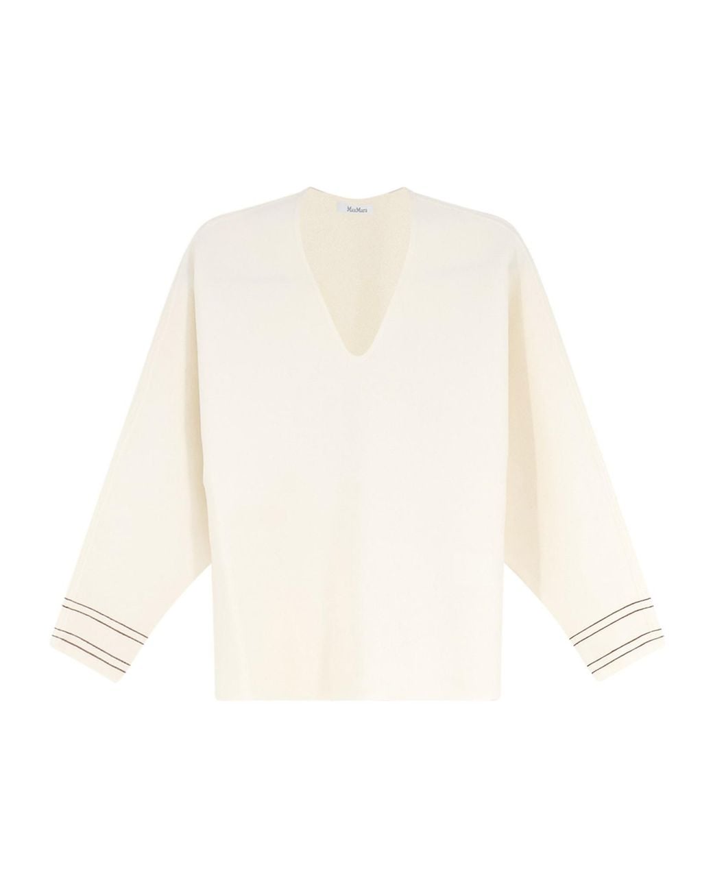 Max Mara White Contrast Cuff V-Neck Sweater