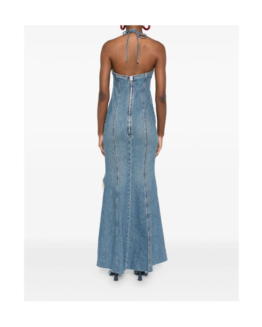 Blumarine Blue Halter-Neck Frayed-Hem Denim Dress