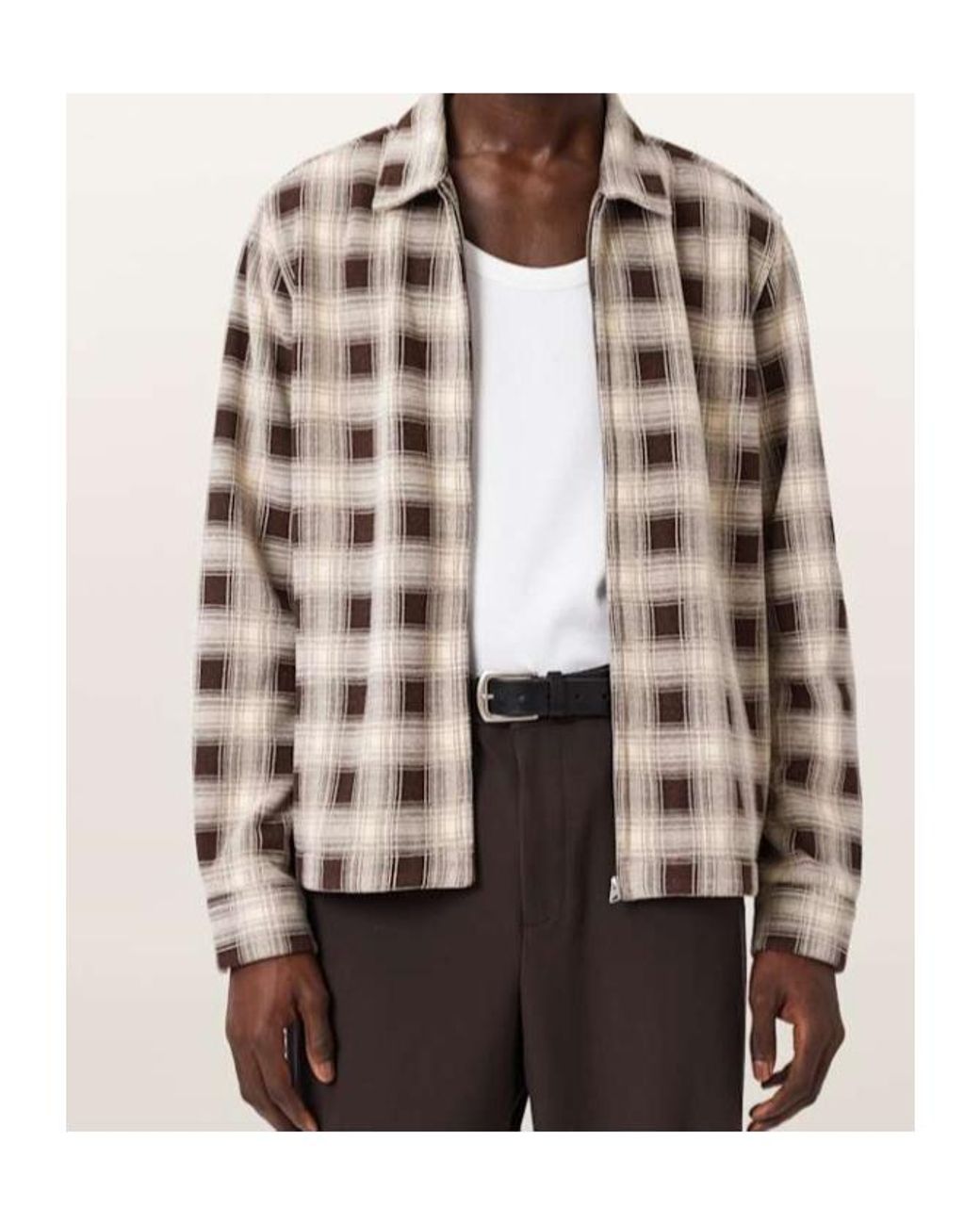 AllSaints Natural Krater Checked Long Sleeve Shirt for men