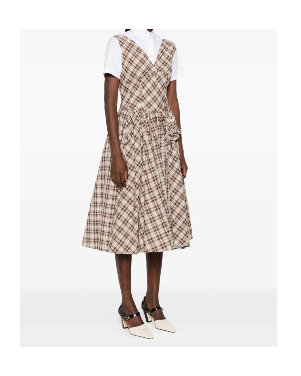 Prada Gray Embroidered Checked Poplin Dress