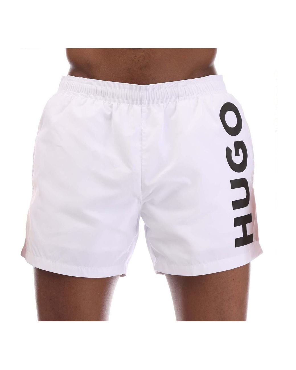 Boss White Abas Logo Print Swim Shorts for men